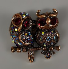 Owls On A Branch Brooch AB Rhinestone Multi Colour Copper Tone Crystal Birds