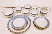 Vintage Crown Staffordshire Hollyhocks Tea Set cups plates white blue antique 