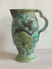 Flaxman Ware jug by Wadeheath England 771, Green blue floral Art Deco pottery