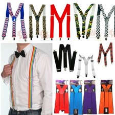 WIDE ADJUSTABLE BRACES SUSPENDERS ELASTIC PLAIN COLOURS CLASSIC GENTS LADIES UK