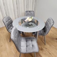 Round Glass Dining Table Set with 4 Grey Chairs Modern Kitchen Room