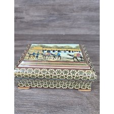 Vintage Camel Caravan Hand Painted Jewelry Box Hinged Lidded Felt Interior 6"x4"