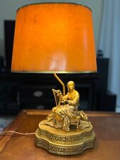 VINTAGE SPELTER METAL LAMP ORNAMENT STATUE WOMAN PLAYING HARP  W/COPPER BASE