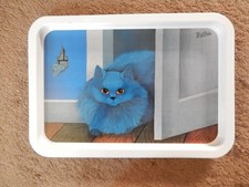 Vtg Blue Cat Metal Tray