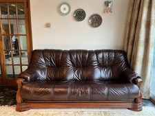 Handmade Rose-Brown Leather and Wood Three-Piece Suite. Great Cond. Collect ST5 