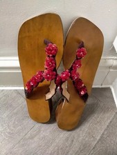 Japanese traditional wooden geta sandalswith red floral Leather straps,UKSize: 5
