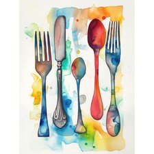 Cutlery Forks Spoons And Knife Modern Watercolour Huge Art Poster Print Giant
