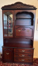 Vintage Dark Wood Display Cabinet with Drawers & Drop-Front Desk – 70” Tall