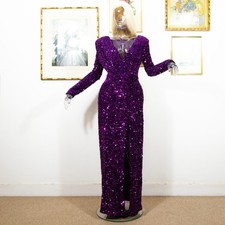 Vintage 1980s Purple Sequin Evening Gown Draped Waist and Front Slit UK 10
