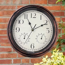 30cm Brown Garden Station Wall Clock with Thermometer Indoor Outdoor Arabic