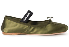 Miu Miu Satin Oliva Green Black White Logo Strap Ballet Ballerina Flats 39.5