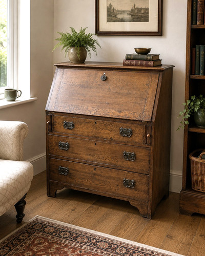Antique oak writing bureau - writing,
