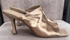 NEXT WOMENS NUDE PINK FAUX SATIN OPEN TOE HIGH HEEL SLIP ON MULE SANDALS UK 4.5