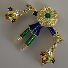 Sphinx Enamel Articulated Flower Seller Brooch Gold Tone Vintage Multicoloured