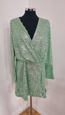 ASOS green sequin dress size 16 long sleeve mock wrap NEW open back Xmas 