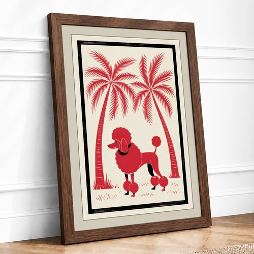 Red poodle under palms retro - red,