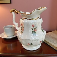 Antique Victorian Rose Floral Pitcher 10” Embossed Gold Gilt Jug Shabby Chic