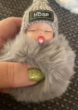 New Grey Faux Fur Pom Pom Baby Key ring  Two Metal Rings
