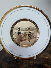 Vintage Japanese Art of Chokin Plate 24KT Gold Silver Gilded Geisha Pagoda Scene