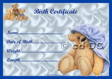 BLUE TEDDY BIRTH CERTIFICATE/CERTIFICATES 4 REBORN FAKE BABY/TEDDY approx 7"x 5"