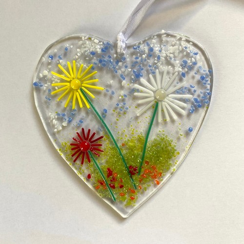 Handmade floral glass heart - glass,