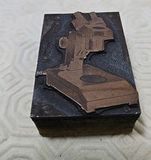 Vintage Old Press  Block Of Microscope On Wood Base Copper Engraved