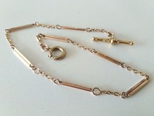Antique Fancy Link Watch Chain Rose Rolled? Gold with T bar & Clasp