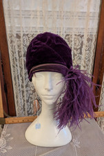Antique Vintage Art Deco 1920's Purple Velvet Cloche Hat Feathers Original Tag