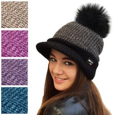 LADIES WOMENS PEAKED BEANIE BOBBLE CAP WINTER HAT DETACHABLE FAUX FUR POM POM