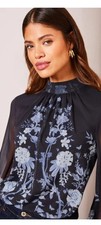 Pretty LIPSY Blue Floral High Neck Long Sleeve Blouse - UK 12 - NEW