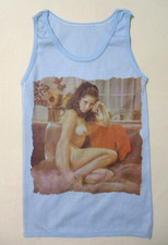 Vintage Mens 1970s Blue Pinup Tank Top XS-S Blue Nylon Knit Stretch  NOS Kitsch