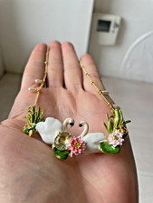 Les Nereides 2 Swans Bird Love Water Lily Flower Enamel 14K Gold Plated Necklace