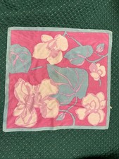 Vintage JAEGER Raw Silk Printed Pale Pinks & Blues Floral Square Scarf 25" x 25"