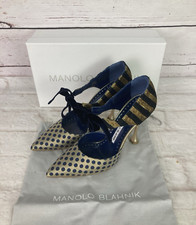 Manolo Blahnik Heels 4 37 Puteal Jacquard Gold Navy Ribbon Tie Rare VGC