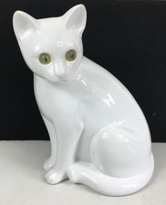 Vintage Elpa Alcobaca Ceramic White Cat Seated Cat Kitten Portugal Green Eyes