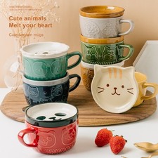Set Of 2 Cute Ceramic Coffee Mugs With Animal Lid For Women