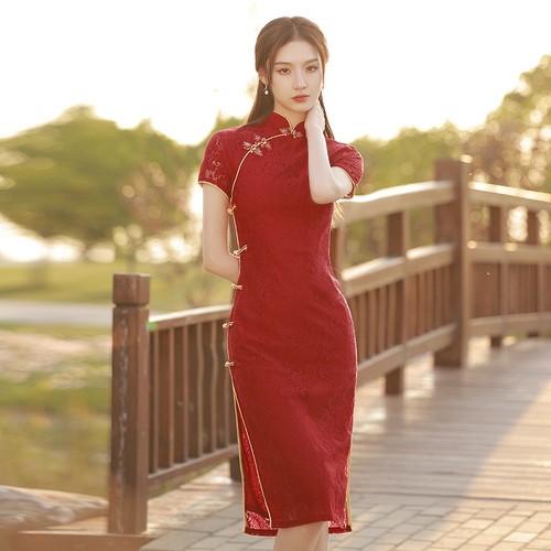 Red lace chinese qipao - lace,