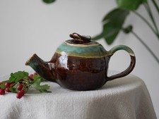 Rustic Handmade Pottery Teapot, Brown and Green Glaze, Naive Folk Art Style