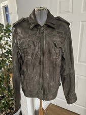 Distressed Vintage 100% Leather Grey Superdry Ryan Jacket Size M