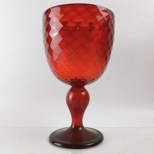 Giant Vintage Handblown Ruby Red Glass Goblet Vase Diamond Optic Pattern 9 Inch