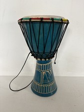 Carved Wooden Djembe Bongo Painted African Mauritius Drum Handmade Blue Print