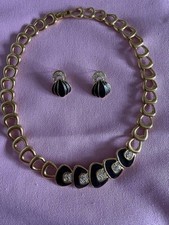 Vintage Monet Necklace And Earring Set Black Enamel   Large Link With Crystal