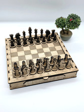Unique Laser-Cut Wooden Chess Set - Complete 32 Piece Game - Folding Board 
