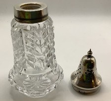 Vintage hand cut crystal sugar sifter shaker silver plated ESP lid 7” Preloved