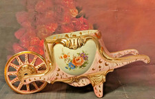 Large Italian Porcelain Wheelbarrow Planter 40cm – Vintage Floral Gilt Italy