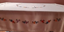 Vintage Daisy Embroidered White Linen Tablecloth  -  48"  x  42"