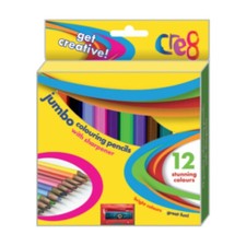 12 CHUNKY COLOURING PENCILS BRIGHT ASSORTED COLOURS EASY GRIP + SHARPENER