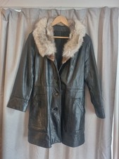 Vintage 80s Genuine Leather Black Coat Jacket With Real Fur Trim Size Medium