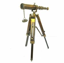 18" Brass Nautical Spyglass Polish Telescope With Brown Wooden Tripod Stand
