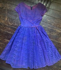 Vtg 50s Purple Lace Big Bow Net Prom Hollywood Glamour Full Skirt Party Dress Xs